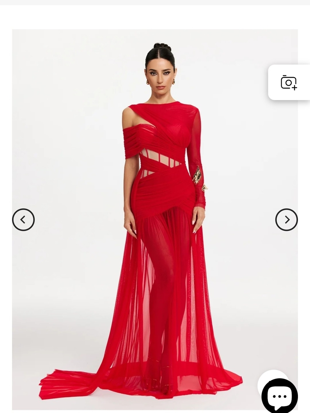 Red One-Shoulder Sheer Draped Evening Gown